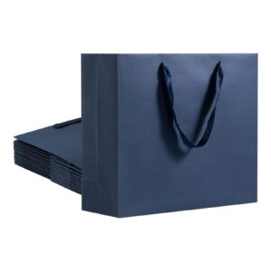 umoofine large navy blue gift bag with ribbon handles 12 pack, 12.6x4.5x11 inches extra large navy gift bag , reusable heavy duty kraft navy blue kraft bag paper bags bulk for shopping, gift, retail