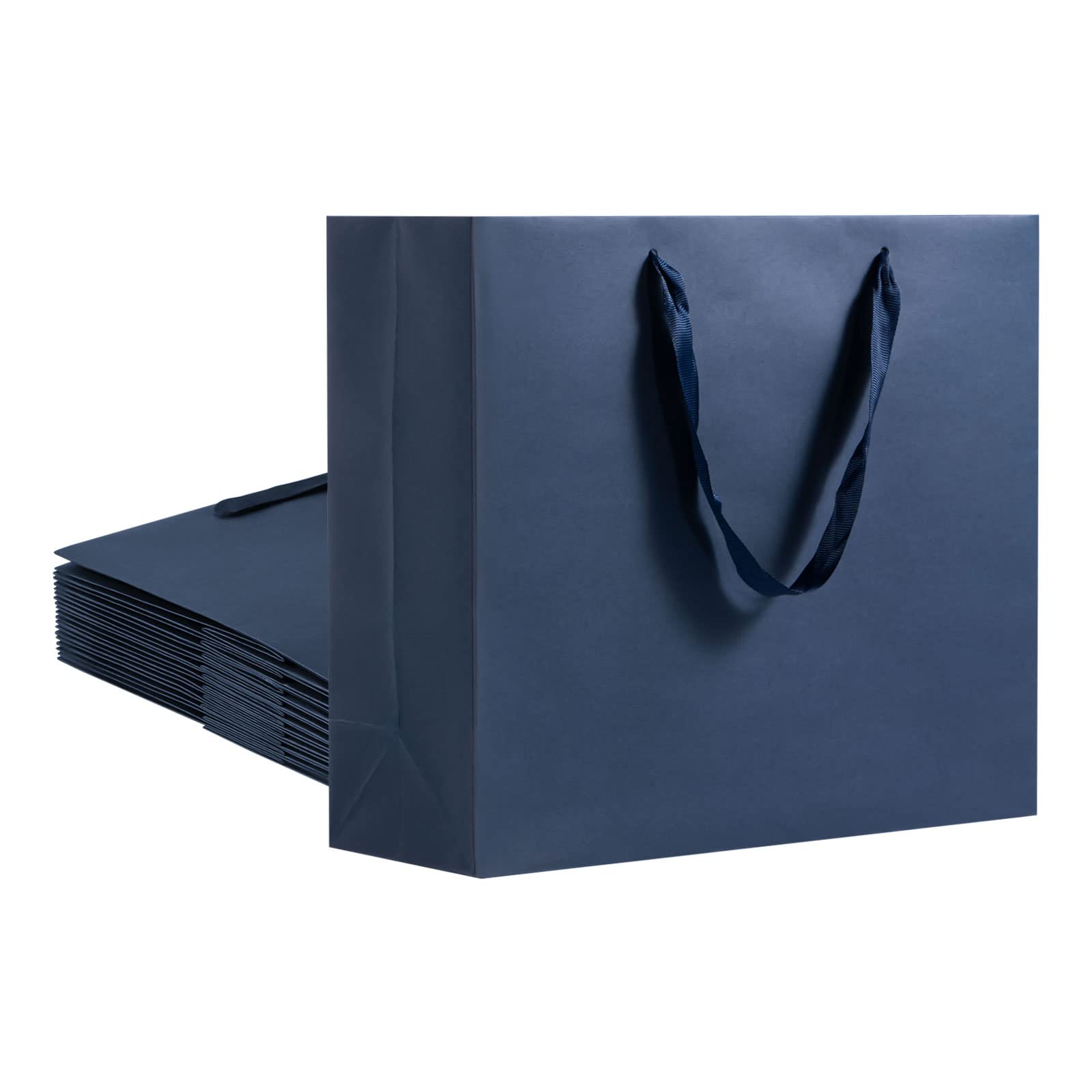 Umoofine Large Navy Blue Gift Bag with Ribbon Handles 12 Pack, 12.6x4.5x11 inches Extra Large Navy Gift Bag , Reusable Heavy Duty Kraft Navy Blue Kraft Bag Paper Bags Bulk for Shopping, Gift, Retail