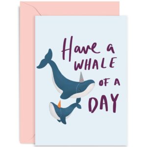 old english co. have a whale of a day birthday card - cute whale themed birthday card for men and women - family and friends | blank inside with envelope