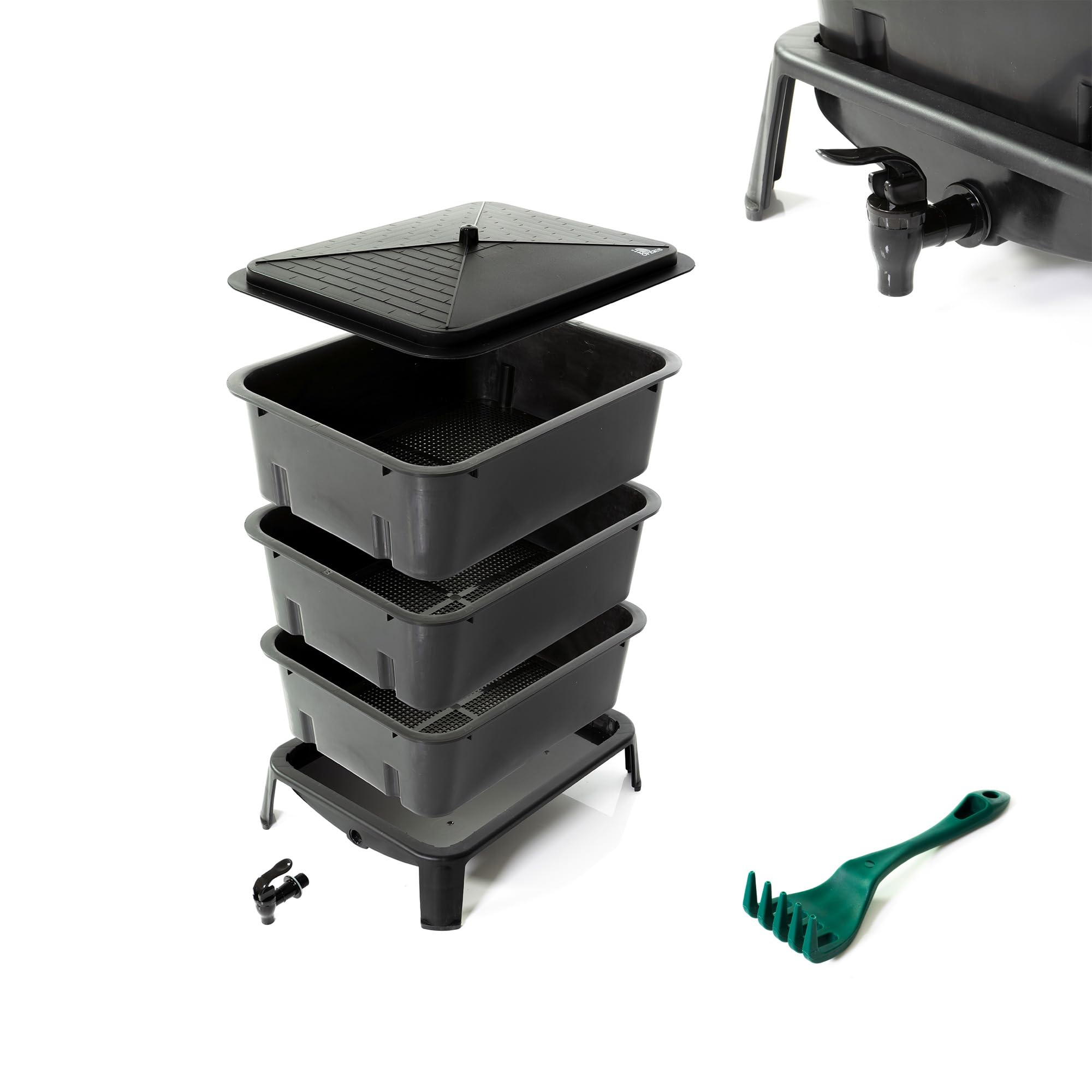 LEOPERIS - 4 Tray Worm Compost Bin - Worm Composting Basic Kit - Composter Farm Factory for Recycling Food Waste - Indoor or Outdoor Use - with Compost Turning Fork