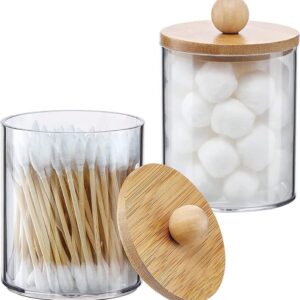 Cosmetic Organizer for Qtip Holder Dispenser Cotton Balls Cotton Swabs Clear Plastic Storage Box Makeup Organizer with Bamboo Lid Cotton Swab Holder Container Dispenser