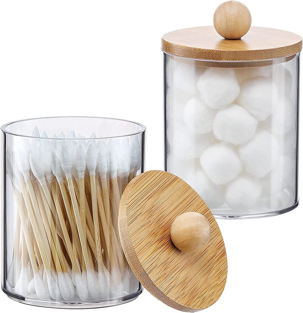 Cosmetic Organizer for Qtip Holder Dispenser Cotton Balls Cotton Swabs Clear Plastic Storage Box Makeup Organizer with Bamboo Lid Cotton Swab Holder Container Dispenser