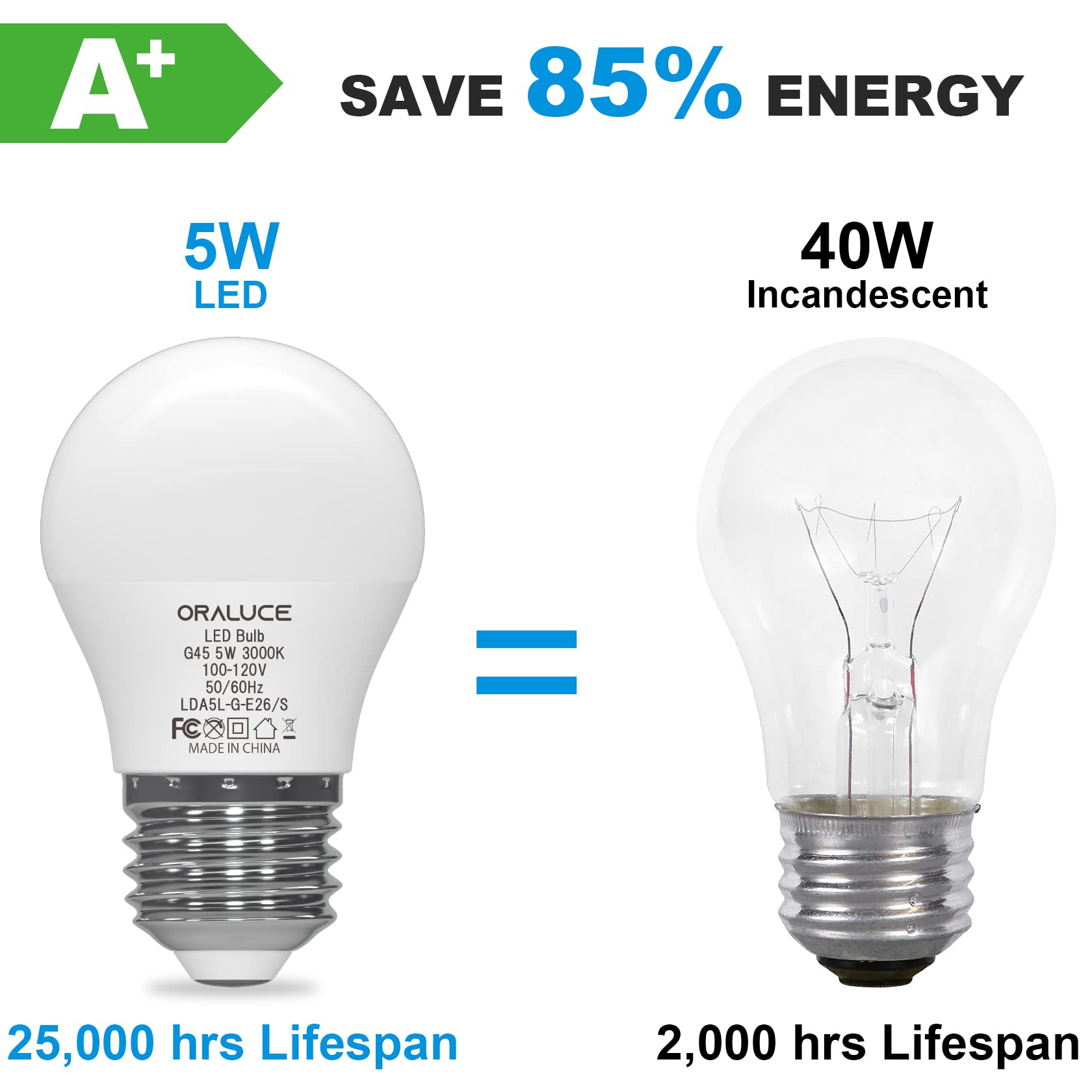 ORALUCE A15 LED Bulb 5 Watts Warm White 3000K,40W Equivalent Table Lamp Bulb, E26 Standard Screw Base G45 Shape Small Light Bulbs for House Lighting,450 Lumen,Non-Dimmable,6 Pack