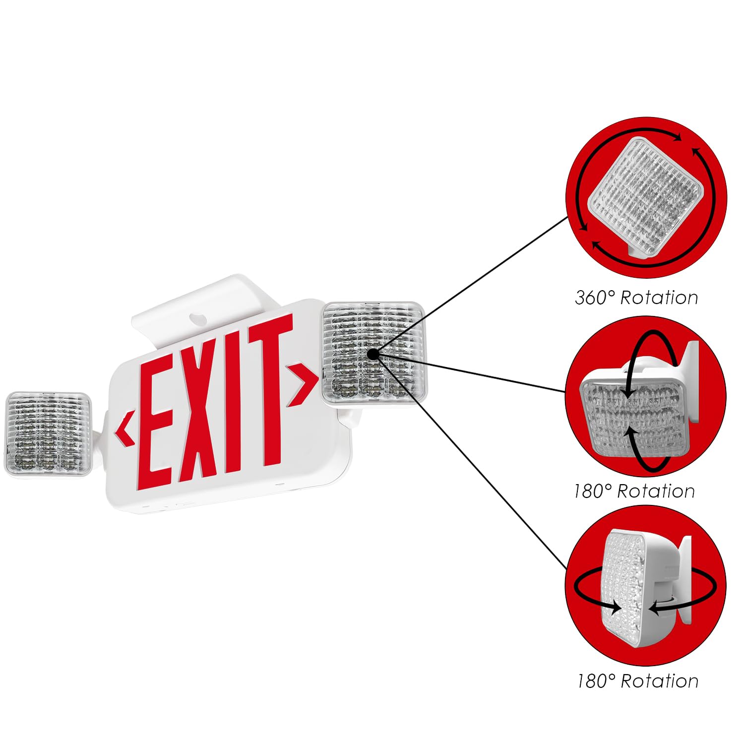 LFI Lights | Combo Red Exit Sign with Emergency Lights | White Housing | All LED | Two Adjustable Square Heads | Remote Head Capable | Hardwired with Battery Backup | UL Listed | COMBO2-R-W-RH