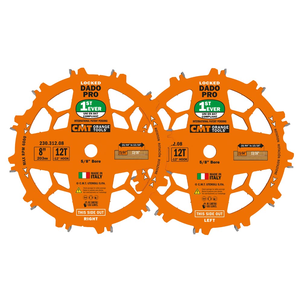 CMT ORANGE TOOLS 230.312.08 DADO Set Saw Blade HW D=8” B=5/8” Z12 FTG+ATB Orange PTFE