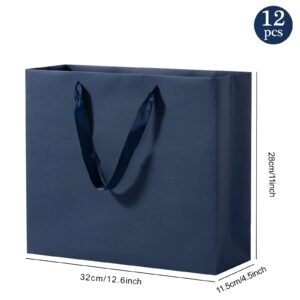 Umoofine Large Navy Blue Gift Bag with Ribbon Handles 12 Pack, 12.6x4.5x11 inches Extra Large Navy Gift Bag , Reusable Heavy Duty Kraft Navy Blue Kraft Bag Paper Bags Bulk for Shopping, Gift, Retail