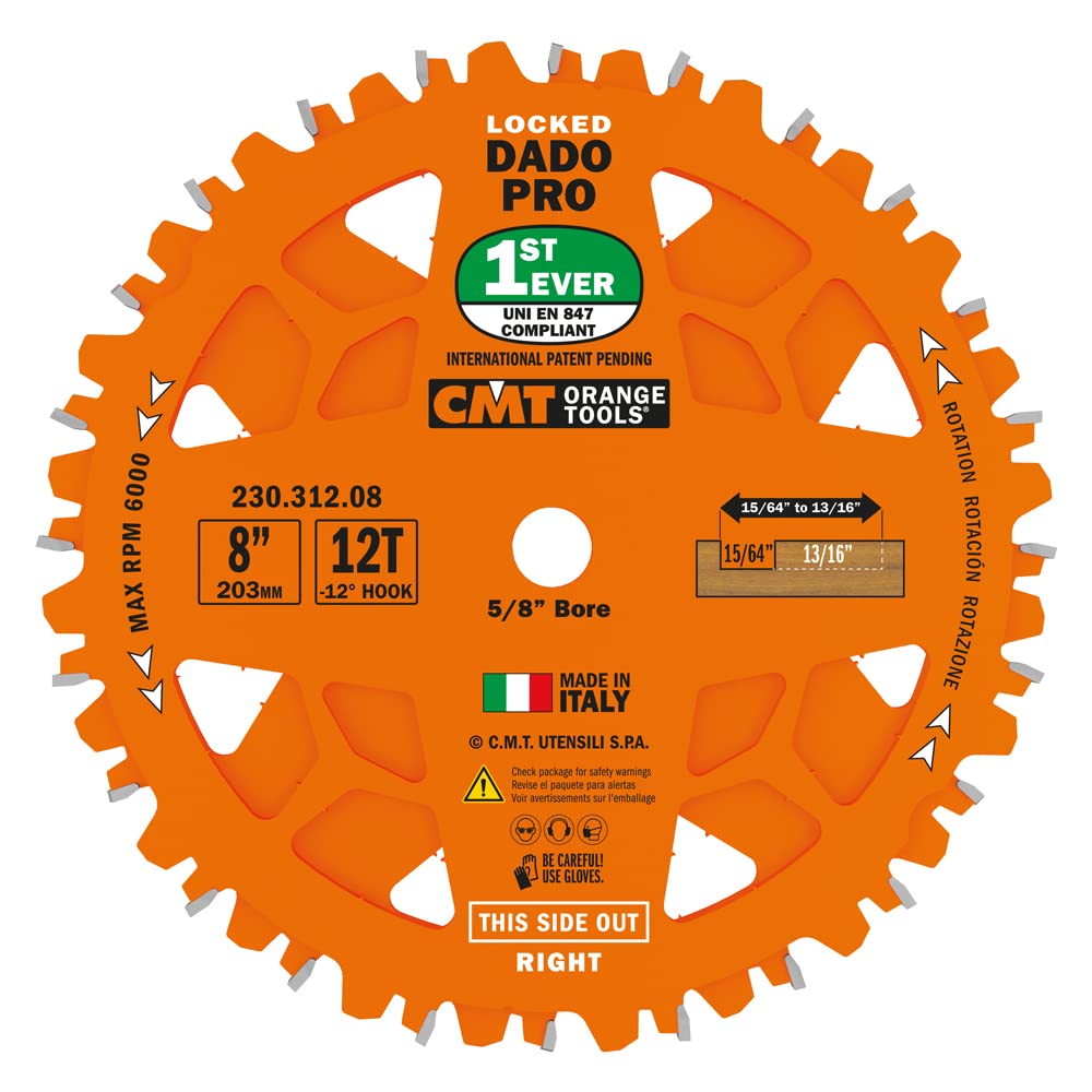 CMT ORANGE TOOLS 230.312.08 DADO Set Saw Blade HW D=8” B=5/8” Z12 FTG+ATB Orange PTFE