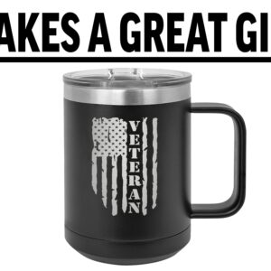 Rogue River Tactical USA Tattered American Flag Veteran Heavy Duty Stainless Steel Black Coffee Mug Tumbler With Lid Novelty Cup Great Gift Idea