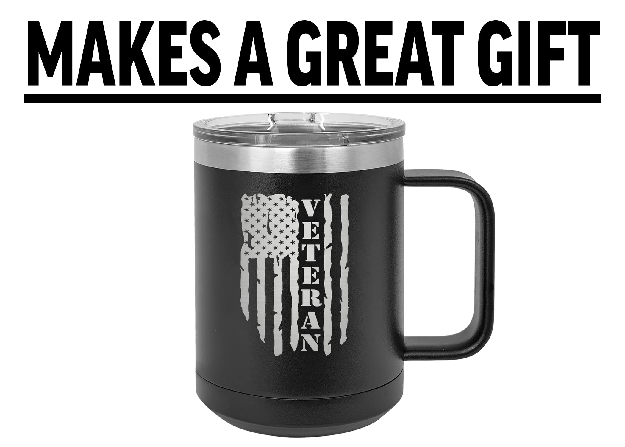 Rogue River Tactical USA Tattered American Flag Veteran Heavy Duty Stainless Steel Black Coffee Mug Tumbler With Lid Novelty Cup Great Gift Idea