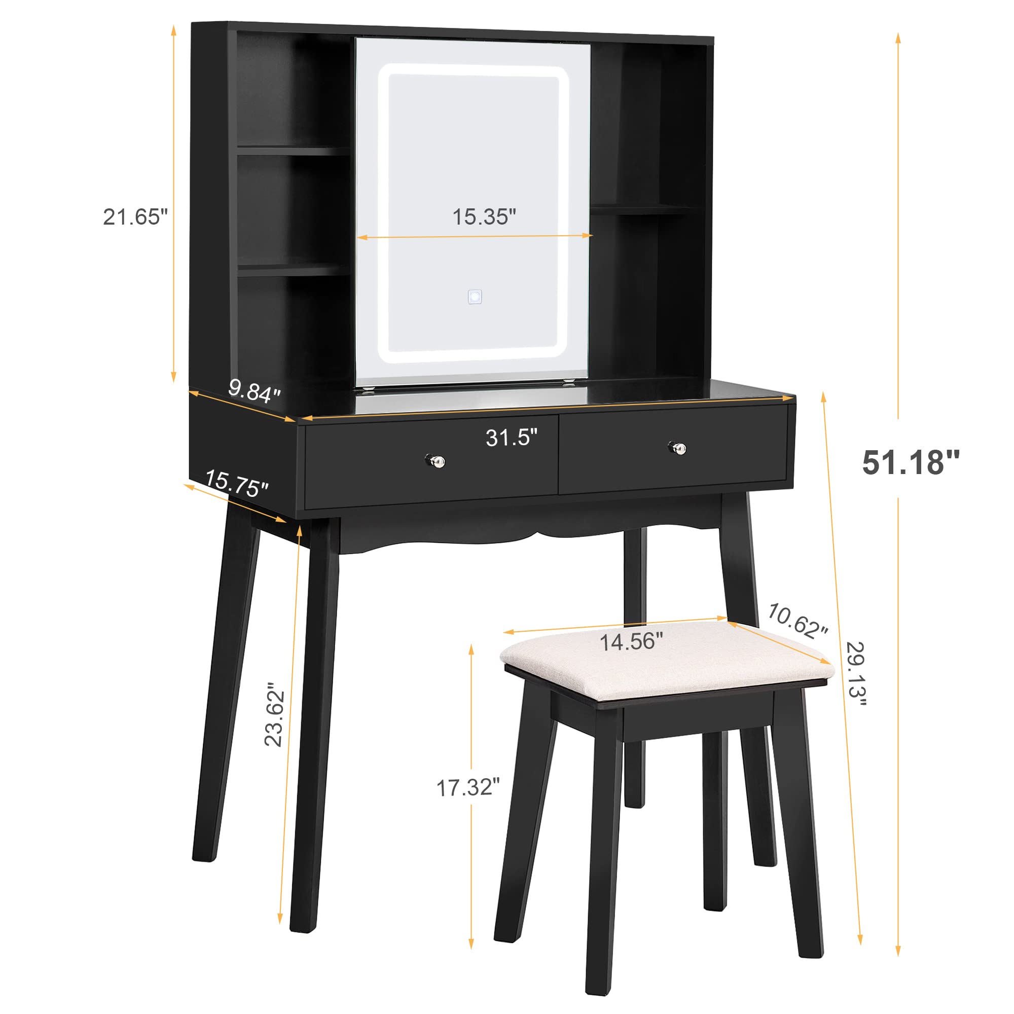 BEWISHOME Vanity Desk with Mirror and Lights, Makeup Vanity with Lights, Black Vanity Set, Makeup Desk with 3 Color Lighting, Vanity Table with Cabinet & 2 Drawers, Dressing Table Makeup Table FST15H