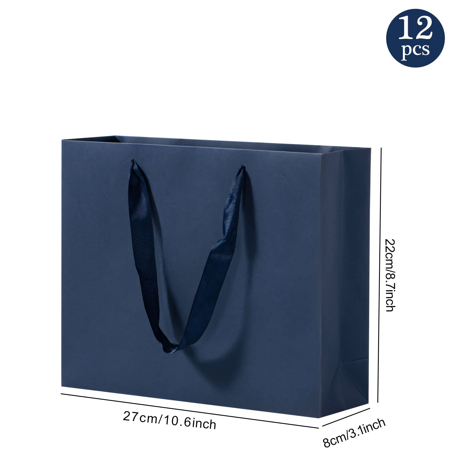 Umoonfine Navy Blue Gift Bags 12 Pack, 10.6x3.1x8.6 inches Navy Blue Shopping Bags Gift Wrap Bags Reusable Kraft Navy Blue Paper Bags with Handles Bulk for Shopping, Retail, Merchandise Business