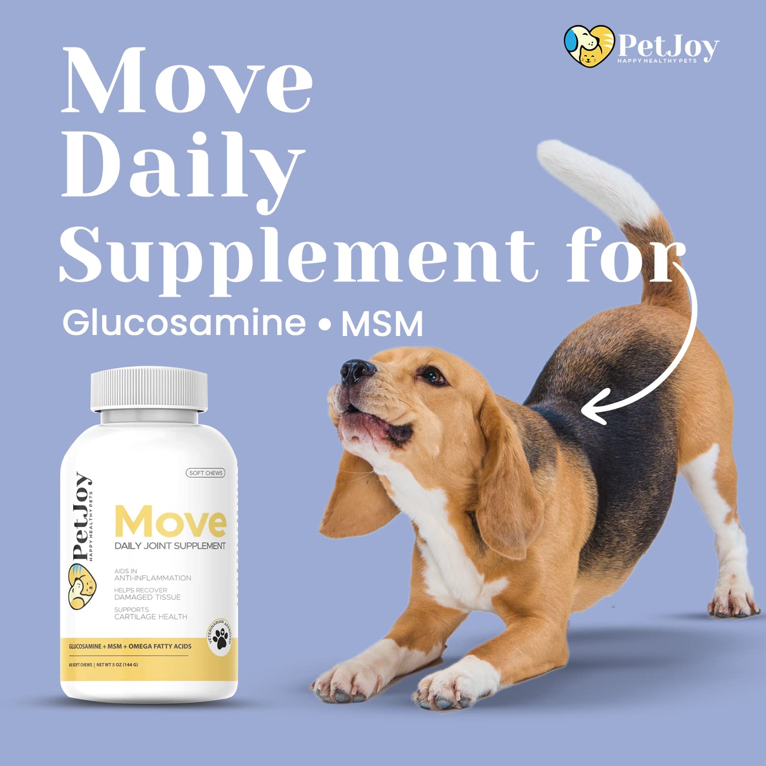 PetJoy - Move Joint Health Supplement | Maximum Strength Joint Support Plus MSM, Glucosamine, Chondroitin | Aging, Hip Dysplasia, & Arthritis Relief | Restore Hip and Joint Tissue | 60 Count Soft Chew