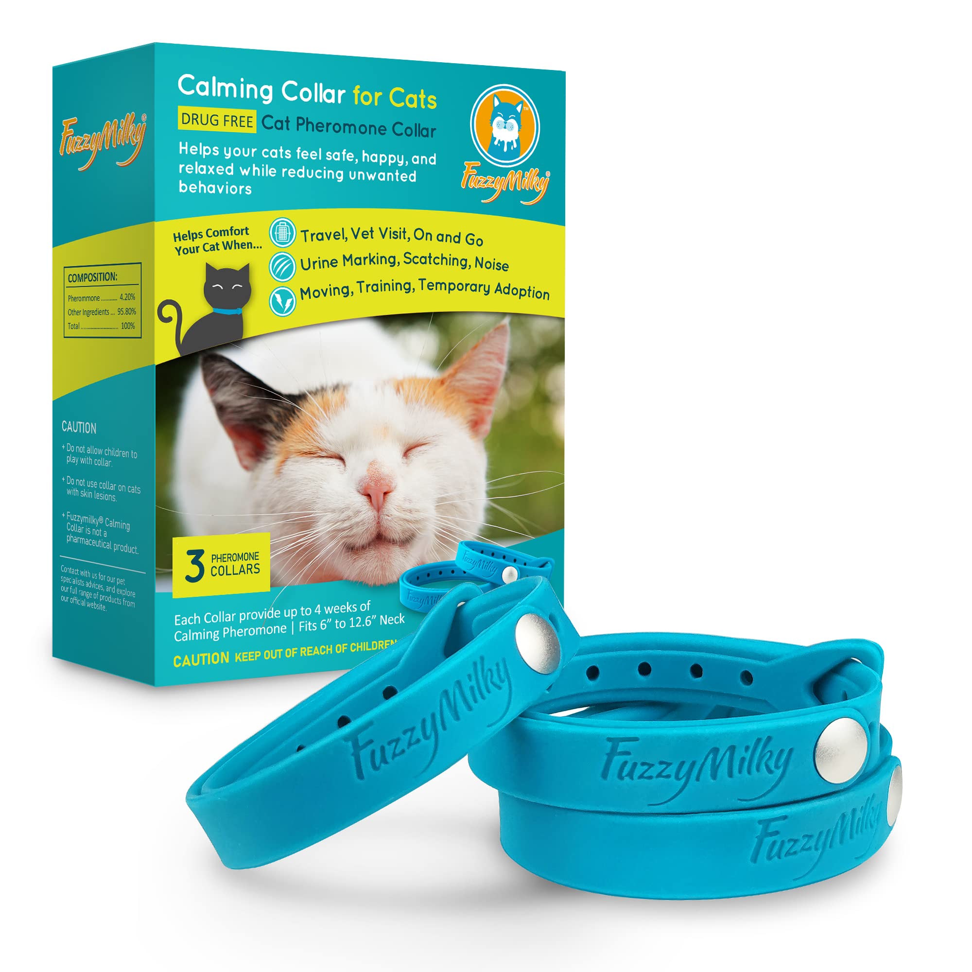 Fuzzymilky Cat Calming Collars - 3 Packs Cat Collar Infused with Pheromones (Blue) for Cat Anxiety Relief