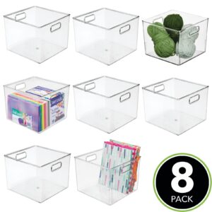 mDesign Small Modern Plastic Storage Organizer Bin Basket with Handles for Craft Room Organization - Shelf, Cubby, Cabinet, and Closet Organizing Decor - 8 Pack - Clear