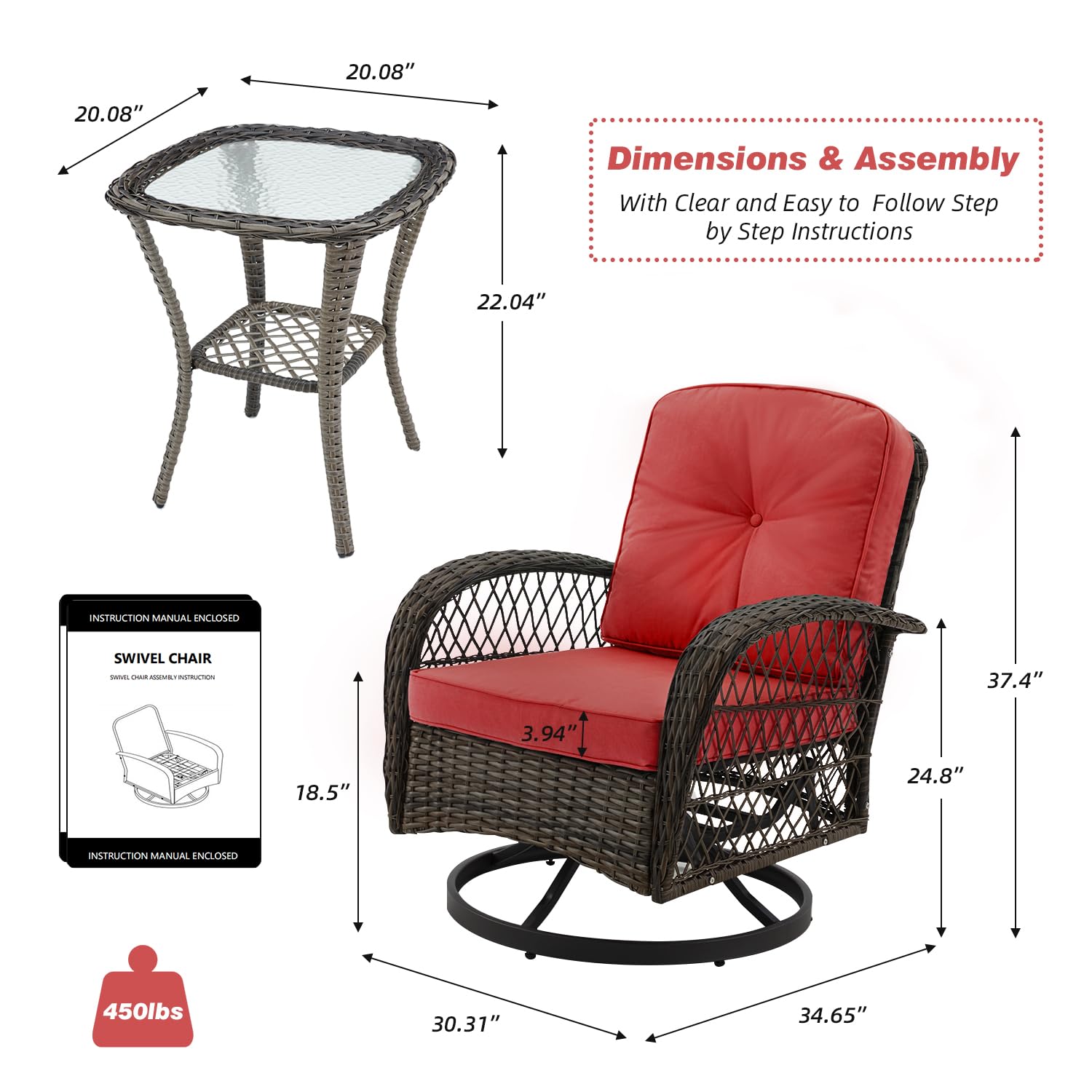 EROMMY 3 Pieces Outdoor Swivel Rocker Patio Chairs, 360 Degree Rocking Patio Conversation Set with Thickened Cushions and Glass Coffee Table for Backyard, Wine Red