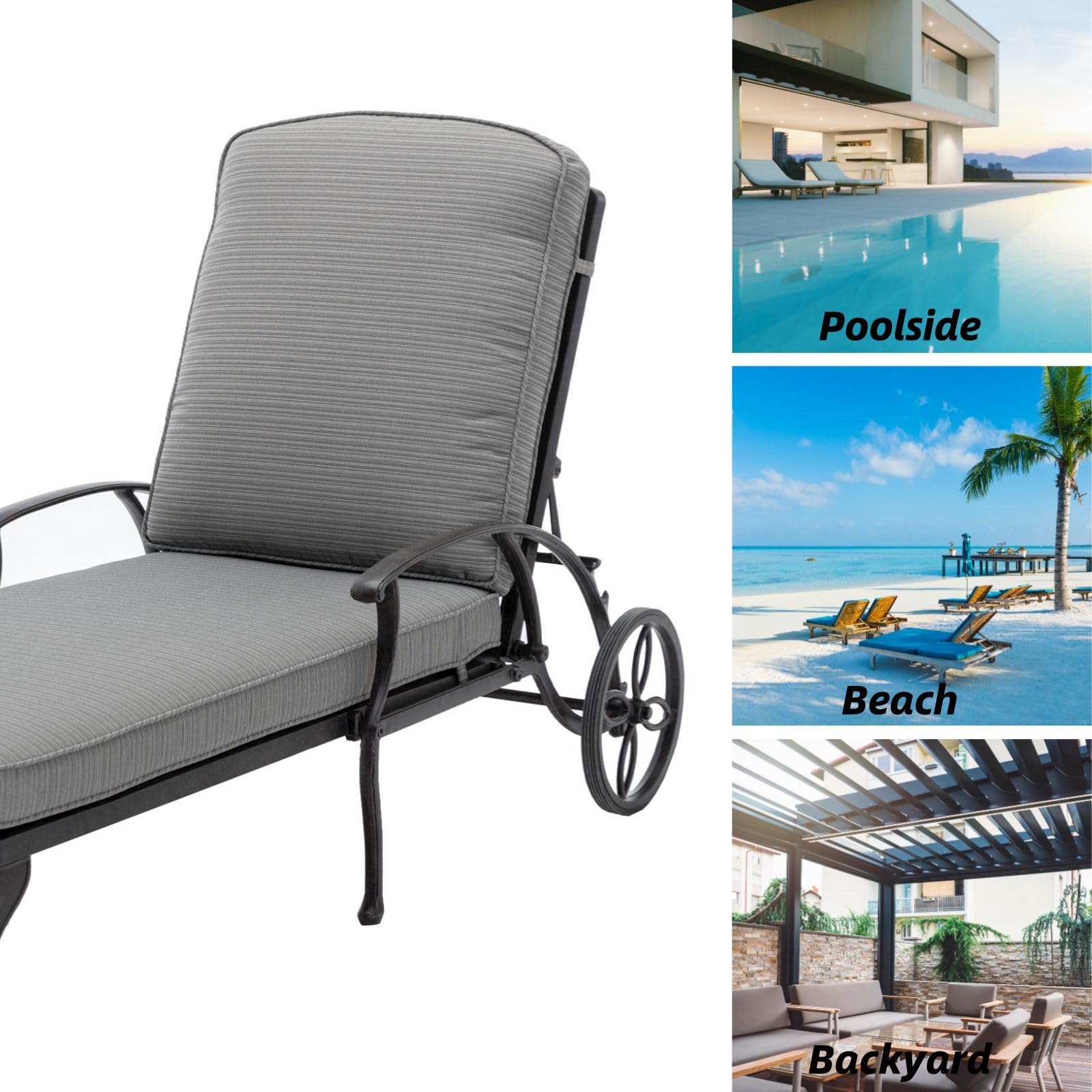 Luccalily Chaise Lounge Outdoor Chair with Wheels, Adjustable Reclining Rust-Resistant Aluminum Cast Poolside Chaise Lounge Furniture with Waterproof Grey Cushion (1pc)