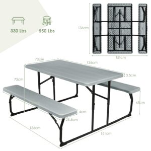 S AFSTAR Folding Picnic Table Bench Set, Foldable Picnic Table with 2 Benches, Outdoor Table and Bench W/Steel Frame & Wood-Like Texture Tabletop, Camping Table Chair Set for Garden Patio Lawn (Black)