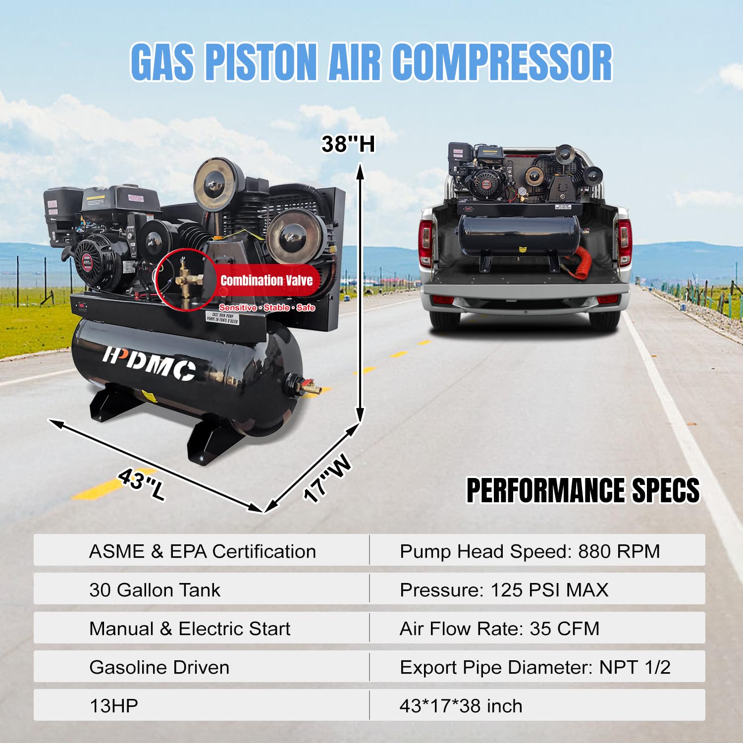 HPDMC 13HP Gas Powered Air Compressor, 3-Cylinder, 30 Gallon Horizontal Tank, Piston Pump Air Compressed System (125 PSI @ 44 CFM)