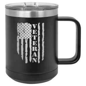 Rogue River Tactical USA Tattered American Flag Veteran Heavy Duty Stainless Steel Black Coffee Mug Tumbler With Lid Novelty Cup Great Gift Idea