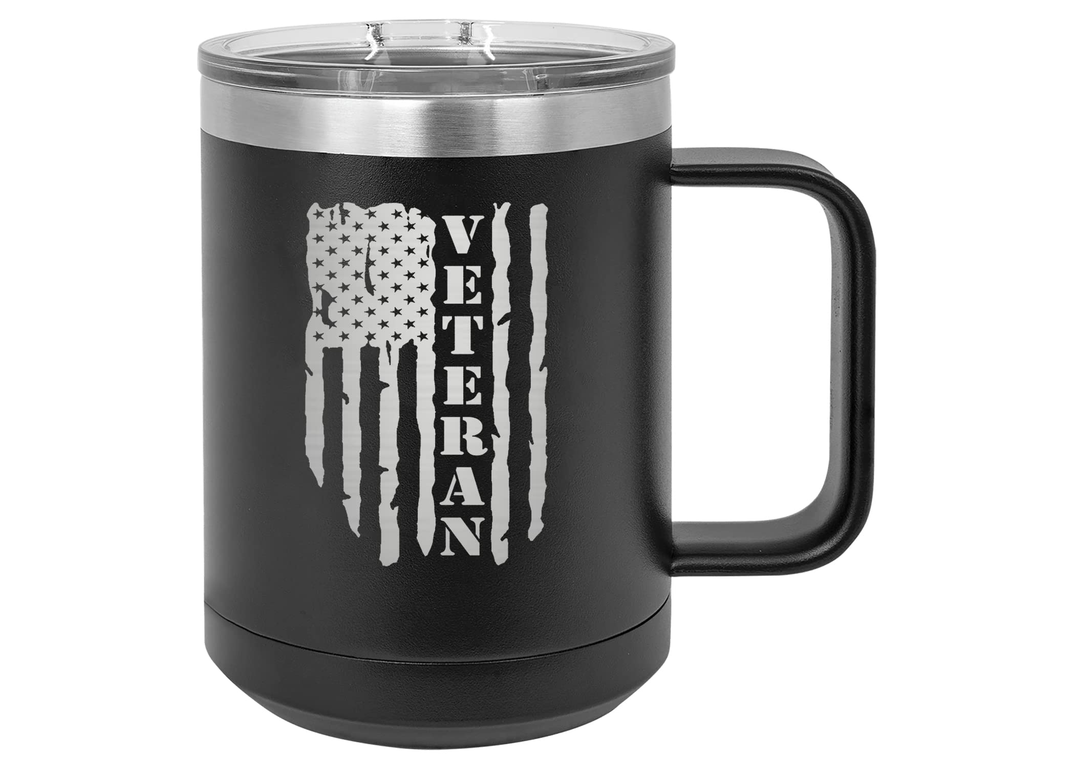 Rogue River Tactical USA Tattered American Flag Veteran Heavy Duty Stainless Steel Black Coffee Mug Tumbler With Lid Novelty Cup Great Gift Idea