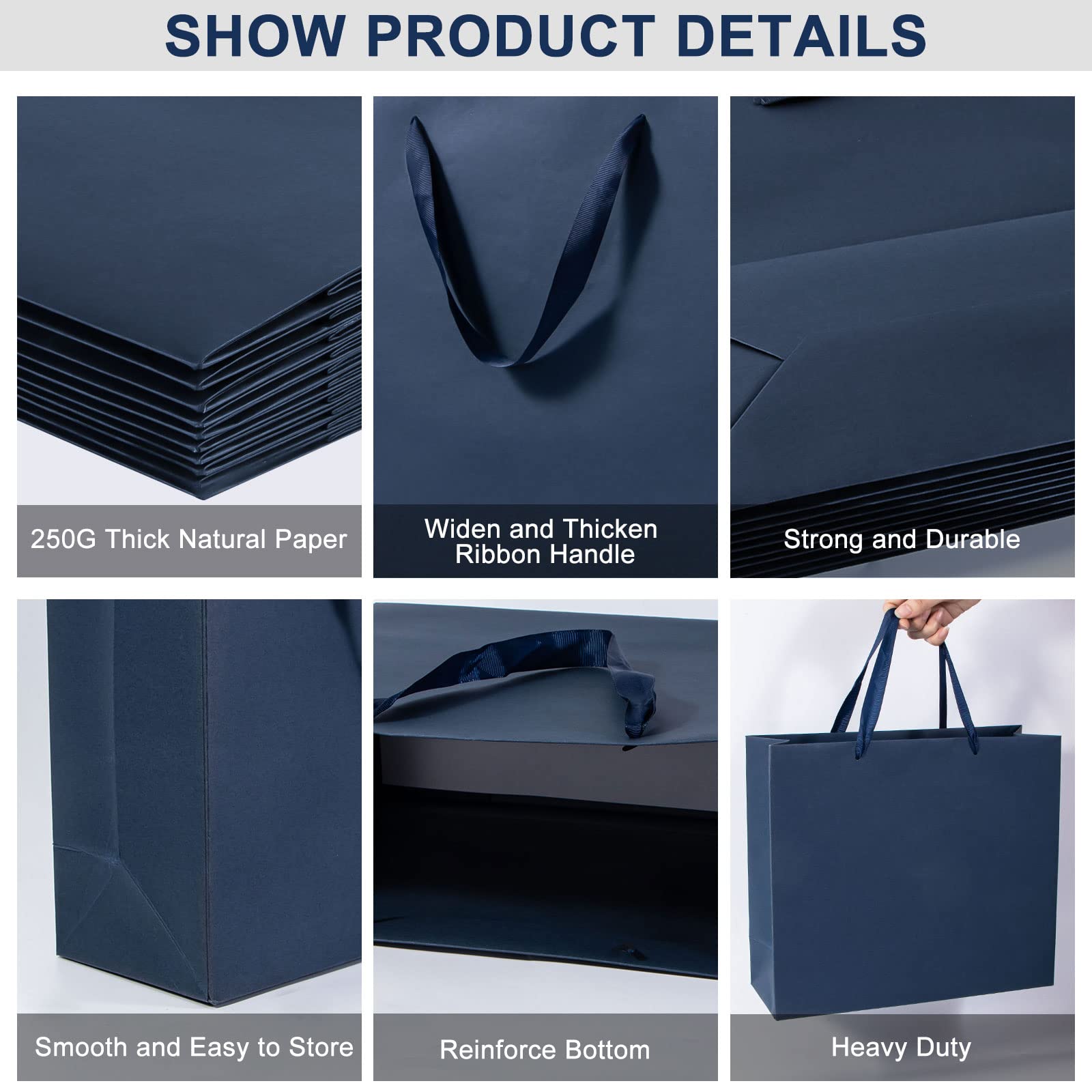 Umoofine Large Navy Blue Gift Bag with Ribbon Handles 12 Pack, 12.6x4.5x11 inches Extra Large Navy Gift Bag , Reusable Heavy Duty Kraft Navy Blue Kraft Bag Paper Bags Bulk for Shopping, Gift, Retail