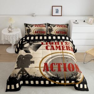 homewish vintage movie theater comforter set queen size,movie theater cinema bedding set for kids boys girls bedroom decoration,rustic wooden bed duvet insert,filmstrip comforter with 2 pillowcase