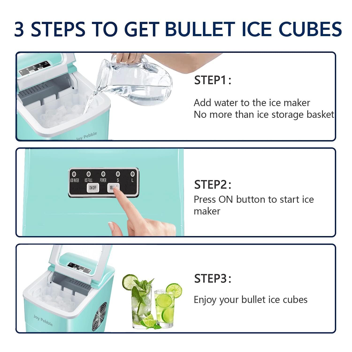 Joy Pebble Portable Ice Makers Countertop,26lbs Bullet Ice Cube in 24H,9 Cubes Ready in 6-8 Minutes,2 Ice Sizes(S/L),Portable Ice Machine for Home/Office/Bar (Green) JP-JP-Z5878