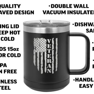 Rogue River Tactical USA Tattered American Flag Veteran Heavy Duty Stainless Steel Black Coffee Mug Tumbler With Lid Novelty Cup Great Gift Idea