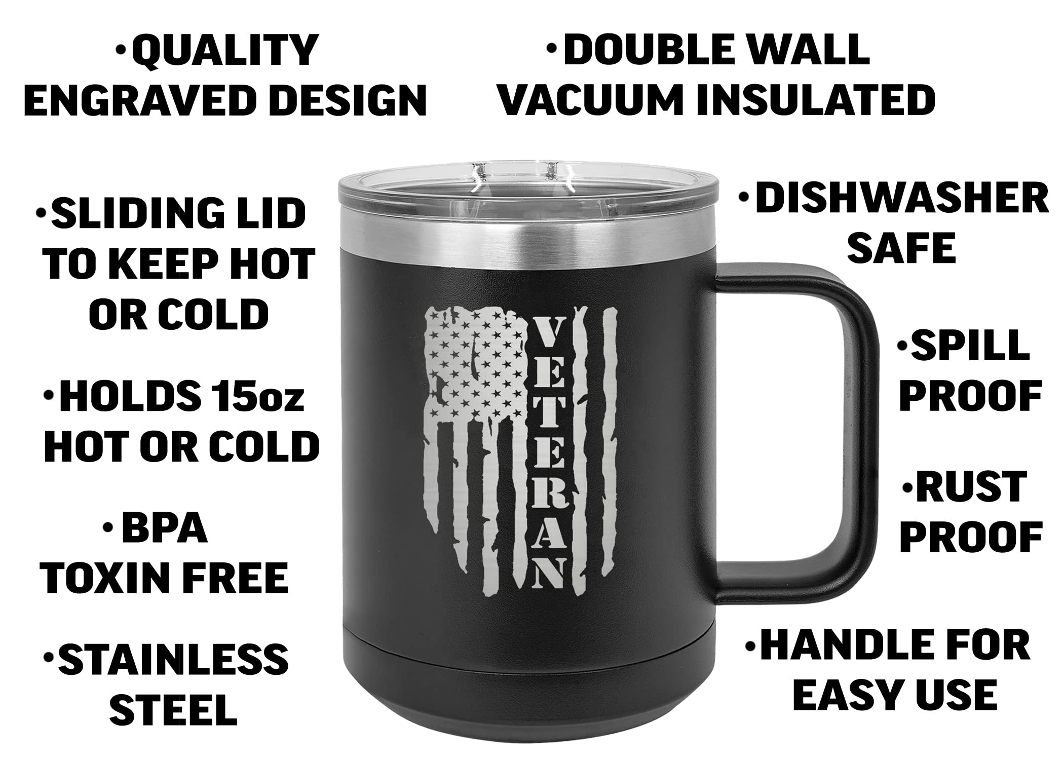 Rogue River Tactical USA Tattered American Flag Veteran Heavy Duty Stainless Steel Black Coffee Mug Tumbler With Lid Novelty Cup Great Gift Idea