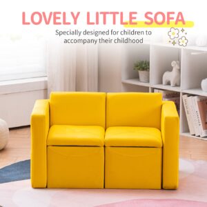 UNICOO –Kids Sofa, 2-in-1 Double Set Sofa Convert to Table & 2 Chairs, Toddler Lounge with Leather Surface, Children Boys Girls Couch Armrest Chair with Storage Box (ZKL-111K-Yellow)