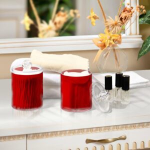 JUMBEAR 4 Pack Red Solid Color Qtip Holder Dispenser with Lid 14 oz Clear Plastic Apothecary Jar Set for Bathroom Vanity Organizers Storage Containers