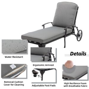 Luccalily Chaise Lounge Outdoor Chair with Wheels, Adjustable Reclining Rust-Resistant Aluminum Cast Poolside Chaise Lounge Furniture with Waterproof Grey Cushion (1pc)