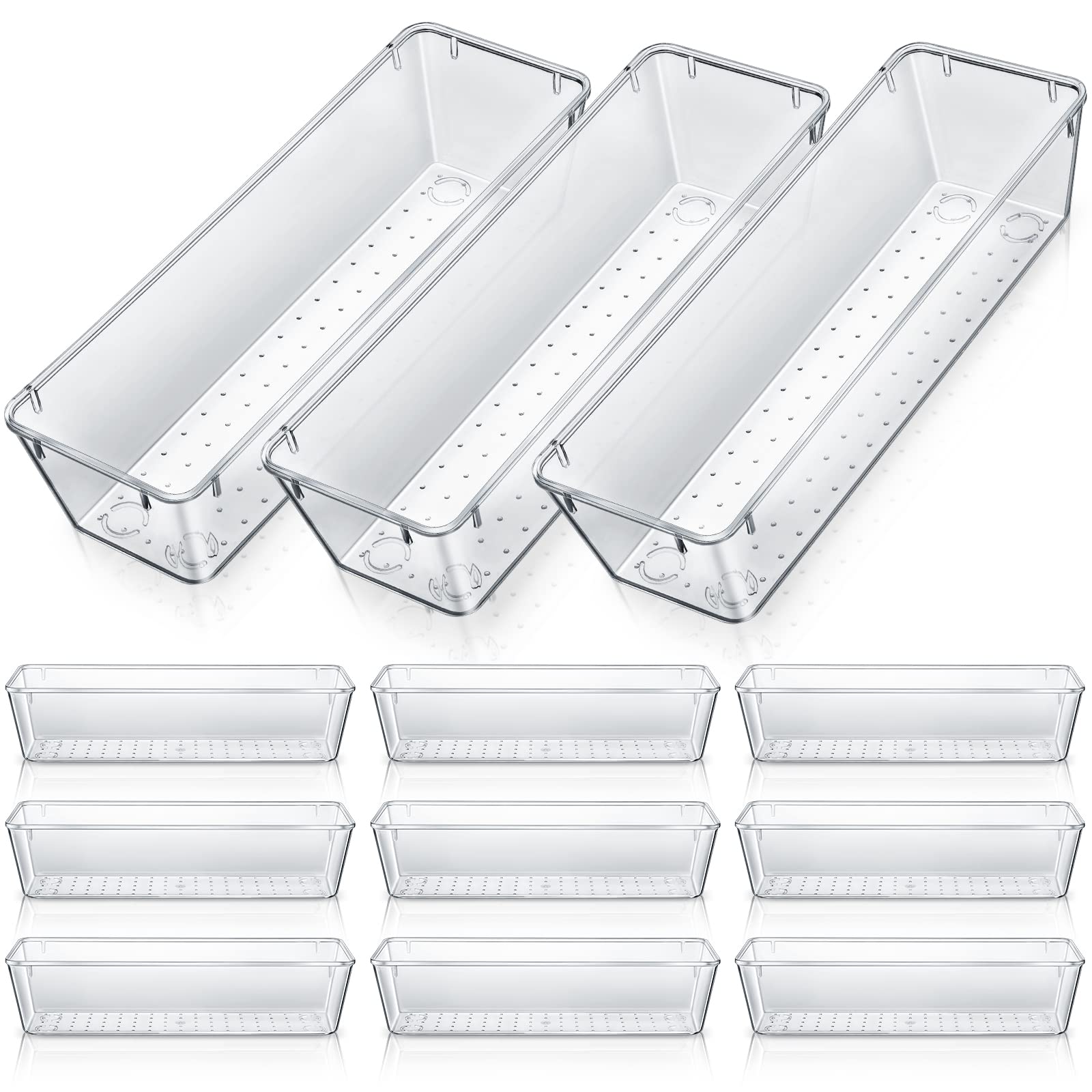 Maitys 12 Pcs Vanity Drawer Organizer 9" x 3" x 2" Clear Plastic Utensil Organizers Kitchen Drawers Dividers for Office Desk Silverware Kitchen Utensils Cosmetics and Bathrooms (Clear)