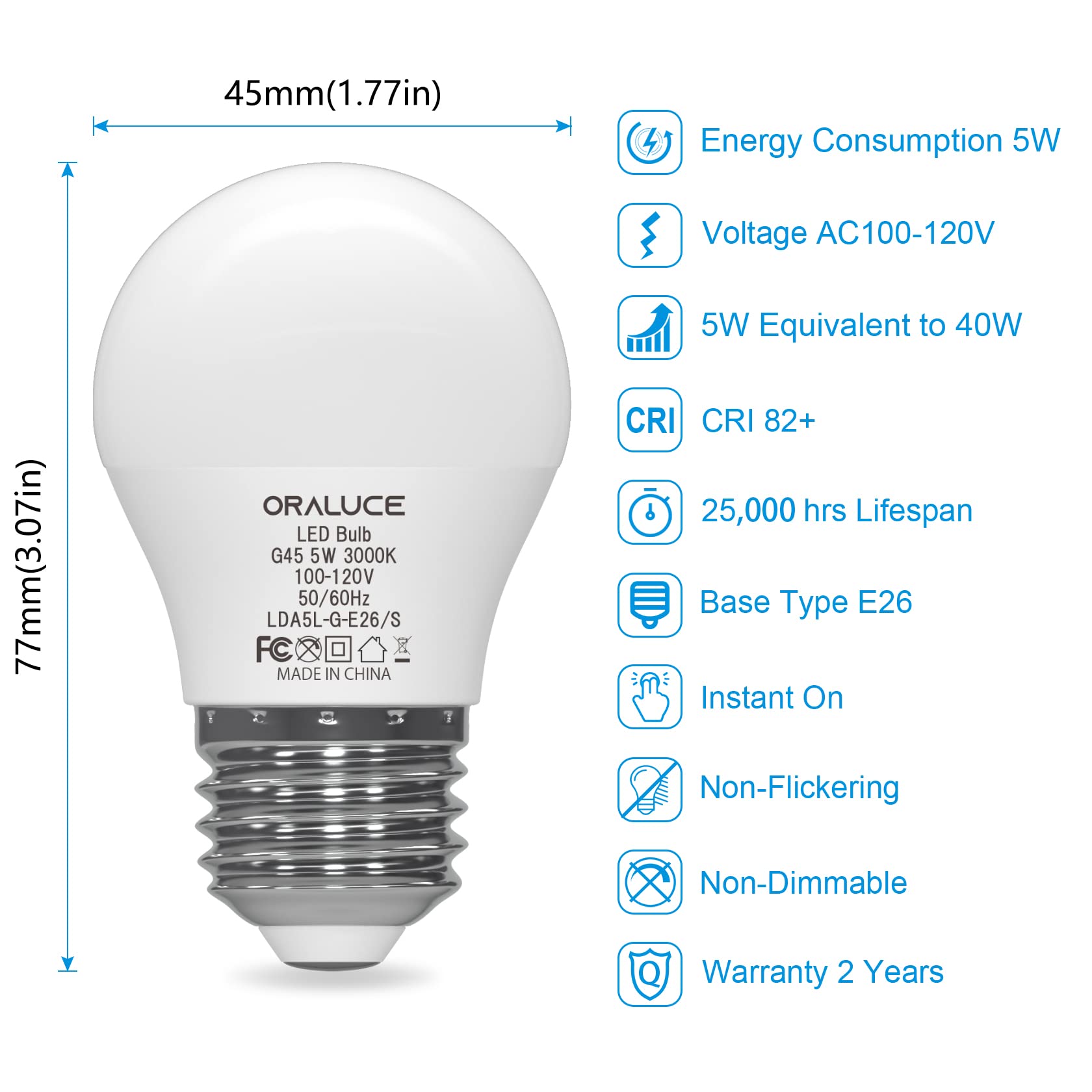 ORALUCE A15 LED Bulb 5 Watts Warm White 3000K,40W Equivalent Table Lamp Bulb, E26 Standard Screw Base G45 Shape Small Light Bulbs for House Lighting,450 Lumen,Non-Dimmable,6 Pack