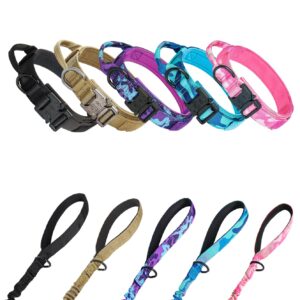 Hotsky Tactical Dog Collar and Leash Set, Heavy Duty Military Airtag Dog Collar with Handle and Metal Buckle for Training and Walking, with Airtag Holder and Two Patches(Purple Camo, L)