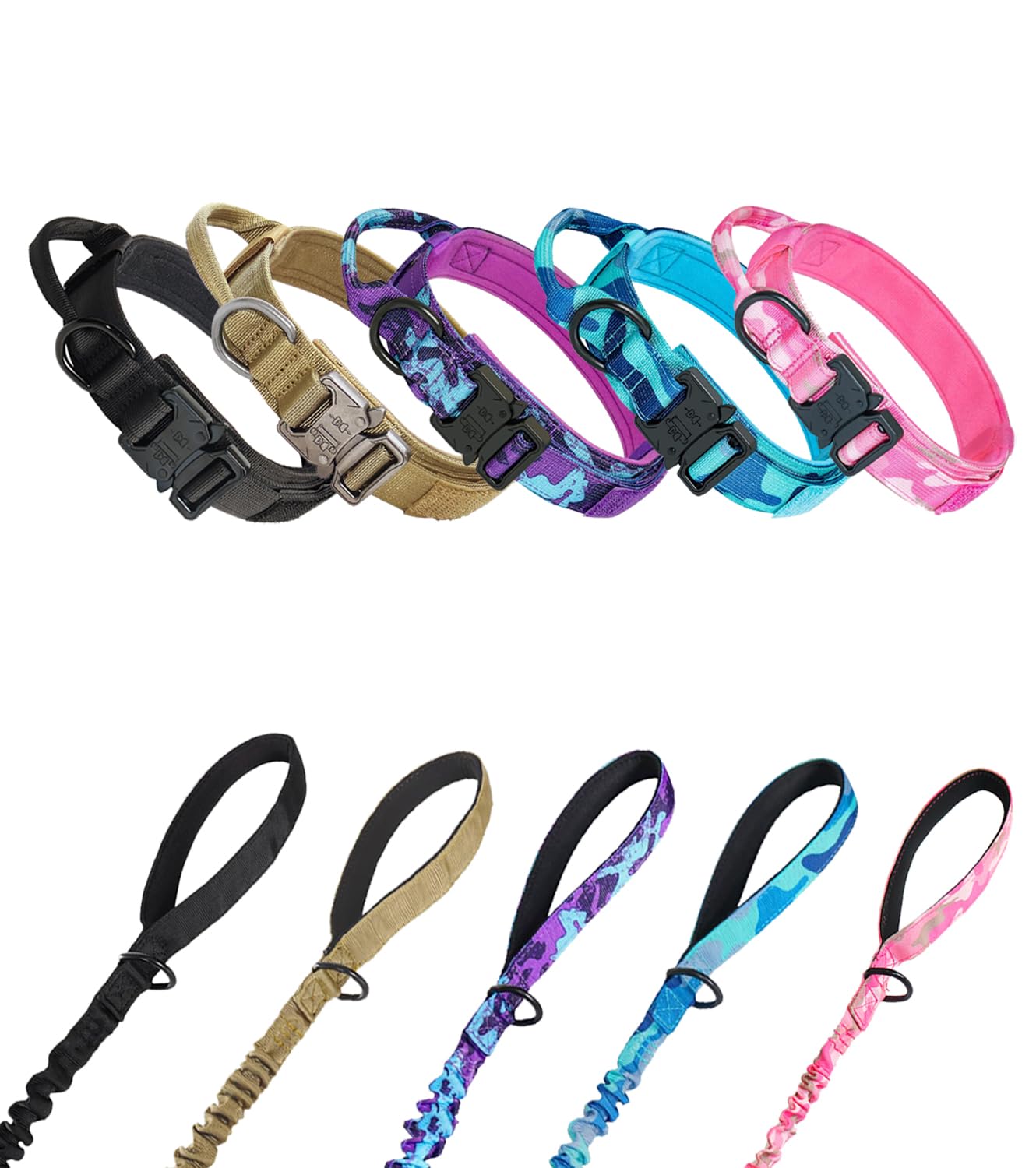 Hotsky Tactical Dog Collar and Leash Set, Heavy Duty Military Airtag Dog Collar with Handle and Metal Buckle for Training and Walking, with Airtag Holder and Two Patches(Purple Camo, L)