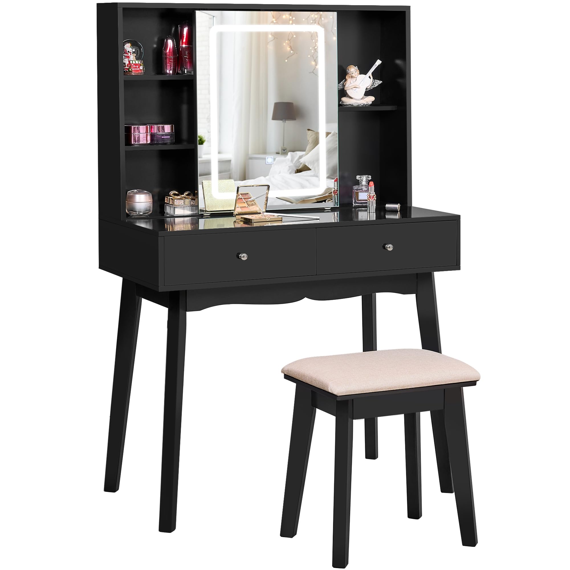 BEWISHOME Vanity Desk with Mirror and Lights, Makeup Vanity with Lights, Black Vanity Set, Makeup Desk with 3 Color Lighting, Vanity Table with Cabinet & 2 Drawers, Dressing Table Makeup Table FST15H