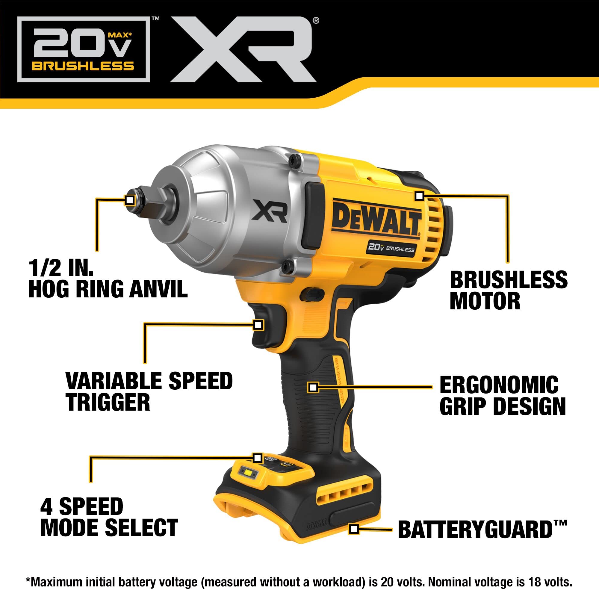 Dewalt DCF900BR 20V MAX XR Brushless High Torque Lithium-Ion 1/2 in. Cordless Impact Wrench with Hog Ring Anvil (Tool Only) (Renewed)