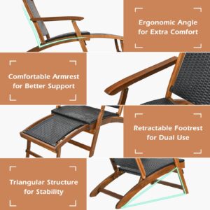 HAPPYGRILL Patio Chaise Lounge Chair with Retractable Footrest, Acacia Wood Lounge Chair, Rattan Wicker Folding Chaise Lounge, Collapsible Lounge Chair for Poolside Patio Garden Porch