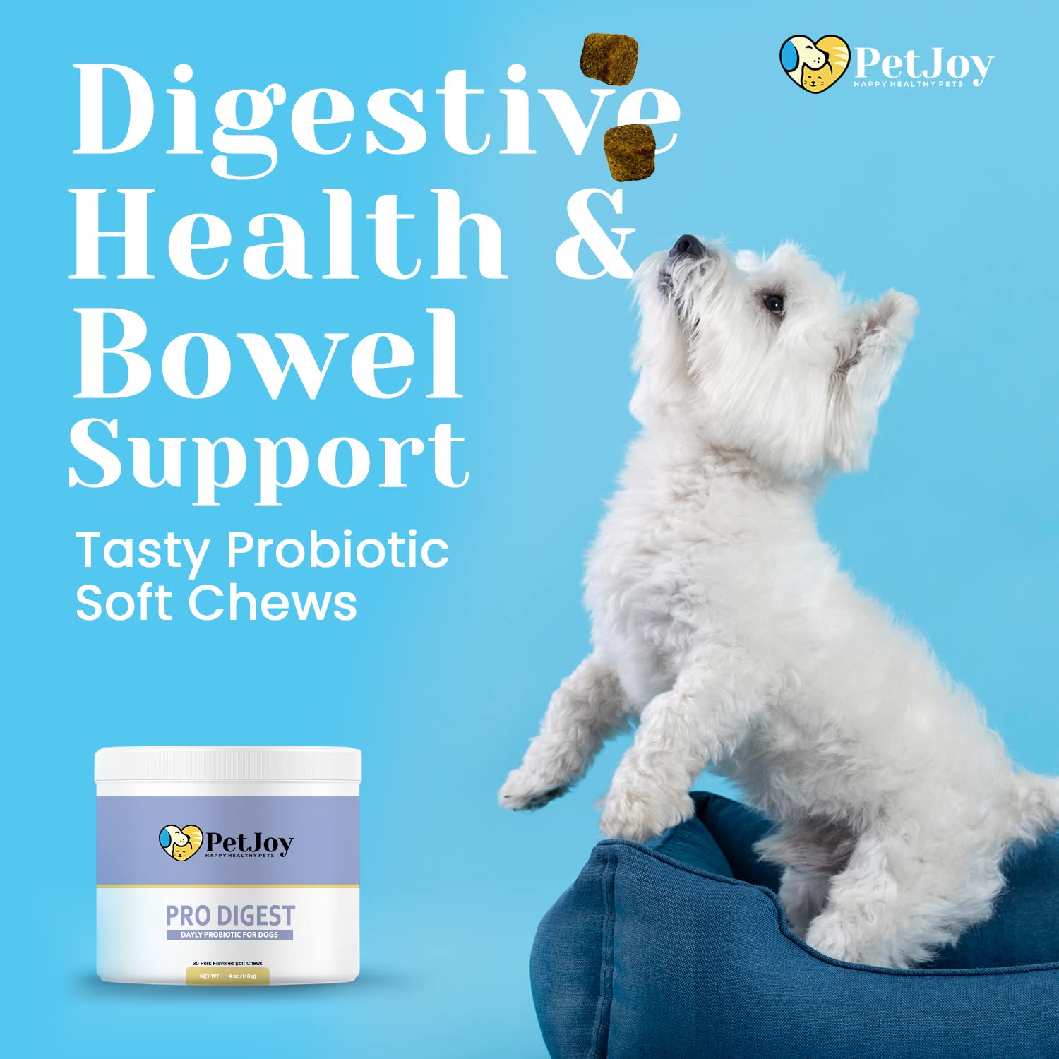 PetJoy - Balance Advanced Probiotic for Dogs | Pro Digest Soft Chews for Gut Health | DE111 | Gut Flora, Digestive Health, Occasional Diarrhea & Bowel Support | Small & Large Breeds | 60 Count