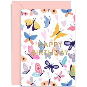 old english co. cute butterfly happy birthday card for her - colourful pastel butterfly birthday wishes for mum, daughter, sister, cousin | blank inside with envelope