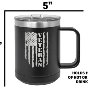 Rogue River Tactical USA Tattered American Flag Veteran Heavy Duty Stainless Steel Black Coffee Mug Tumbler With Lid Novelty Cup Great Gift Idea