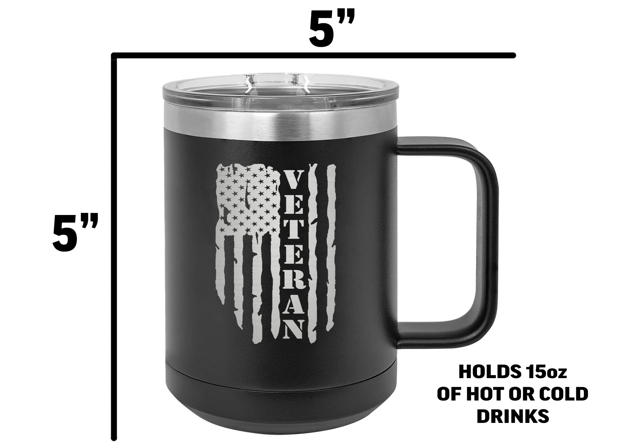 Rogue River Tactical USA Tattered American Flag Veteran Heavy Duty Stainless Steel Black Coffee Mug Tumbler With Lid Novelty Cup Great Gift Idea