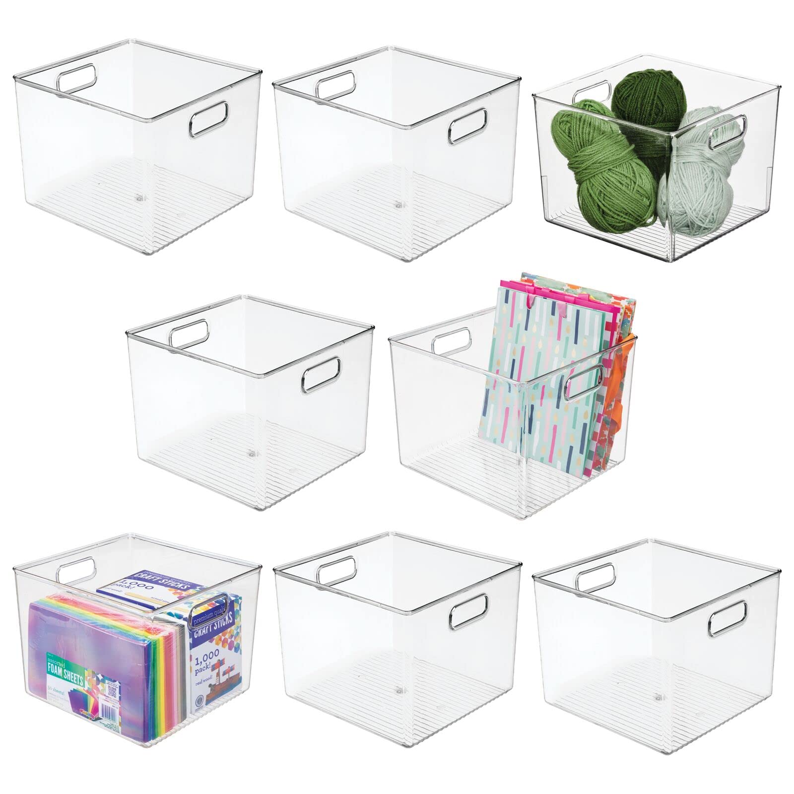 mDesign Small Modern Plastic Storage Organizer Bin Basket with Handles for Craft Room Organization - Shelf, Cubby, Cabinet, and Closet Organizing Decor - 8 Pack - Clear