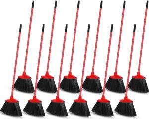 12 pcs heavy duty broom bulk 53 inch commercial angle brooms for sweeping indoor outdoor broom with long handle black broom for garage courtyard patio lobby mall market shop sidewalk floor (red)