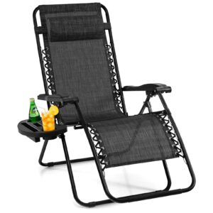 giantex zero gravity reclining chair, outdoor patio recliner with cup holder & removable pillow, adjustable backrest, indoor lounge chair for backyard, garden, poolside (gray)