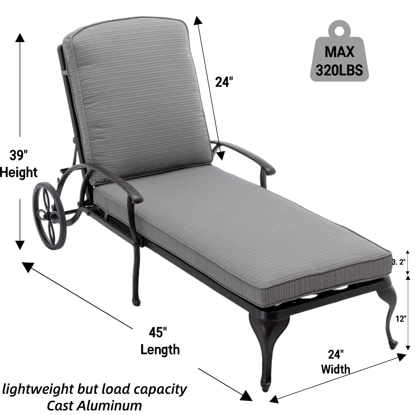 Luccalily Chaise Lounge Outdoor Chair with Wheels, Adjustable Reclining Rust-Resistant Aluminum Cast Poolside Chaise Lounge Furniture with Waterproof Grey Cushion (1pc)