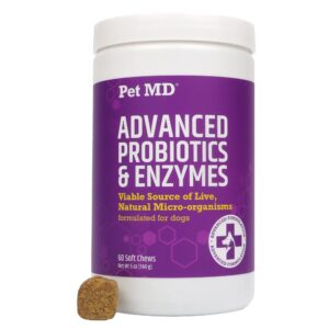 pet md probiotics & enzymes for dogs - gut health chews with prebiotics - digestive aid for dogs with upset stomach, diarrhea, constipation, or gas - functional probiotics for dogs - 60 ct