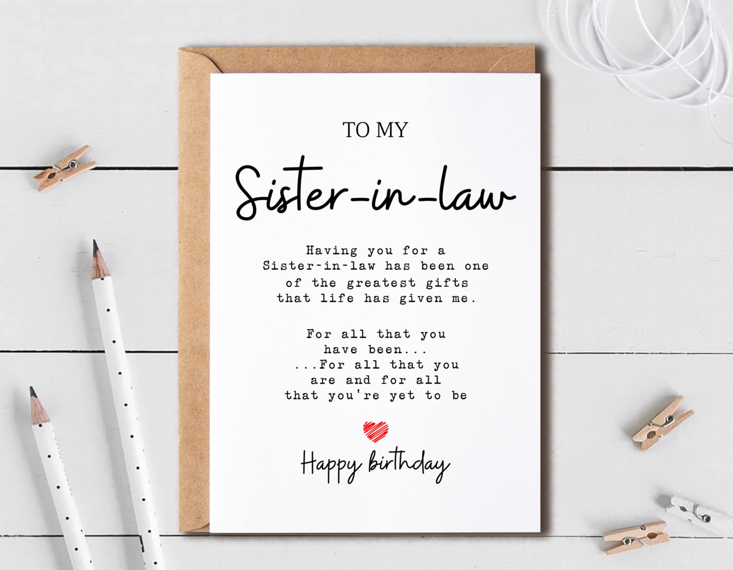 EruditeGifts Sister-In-Law Birthday Card, 5 x 7 inches, Printed on Premium Smooth Heavy Cardstock, Blank Inside for Your Personal Message, Includes Envelope