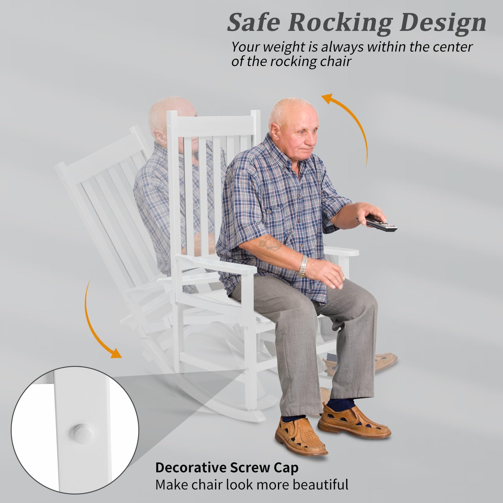 Outvita Outdoor Rocking Chair, Solid Wood High Back Rocker, All Weather Lounge Chair for Porch Patio Fire Pit Garden Backyard Deck Indoor, White